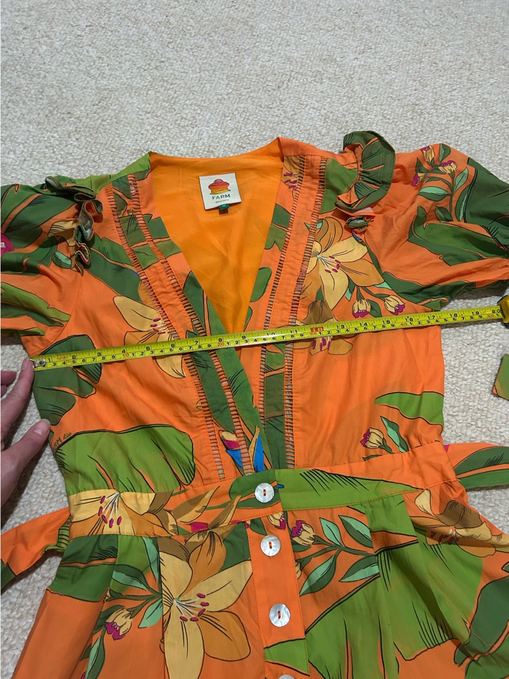 FARM RIO Fresh Macaw Orange Romper Size Medium Belted V-Neck - Picture 12 of 15